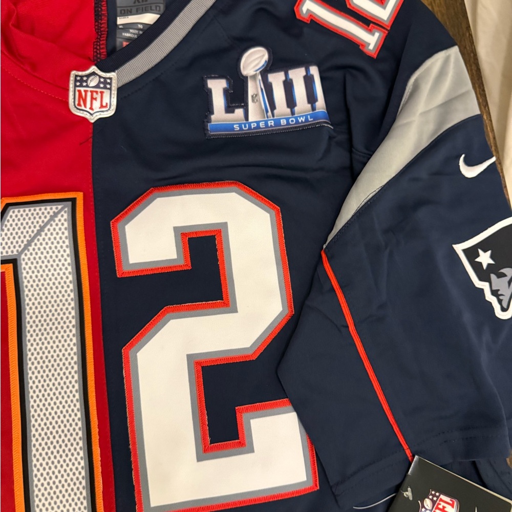 Tom Brady 12 Buccaneers and Patriots Red/Blue Split Jersey with tags - Picture 5 of 10